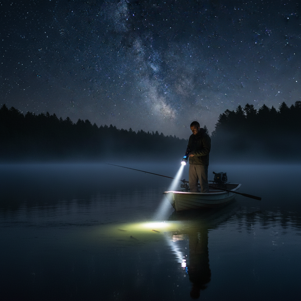 Pescador nocturno usando linterna LIDIMI
