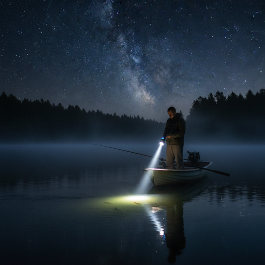 Pescador nocturno usando linterna LIDIMI